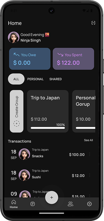 BillWink app – Home screen